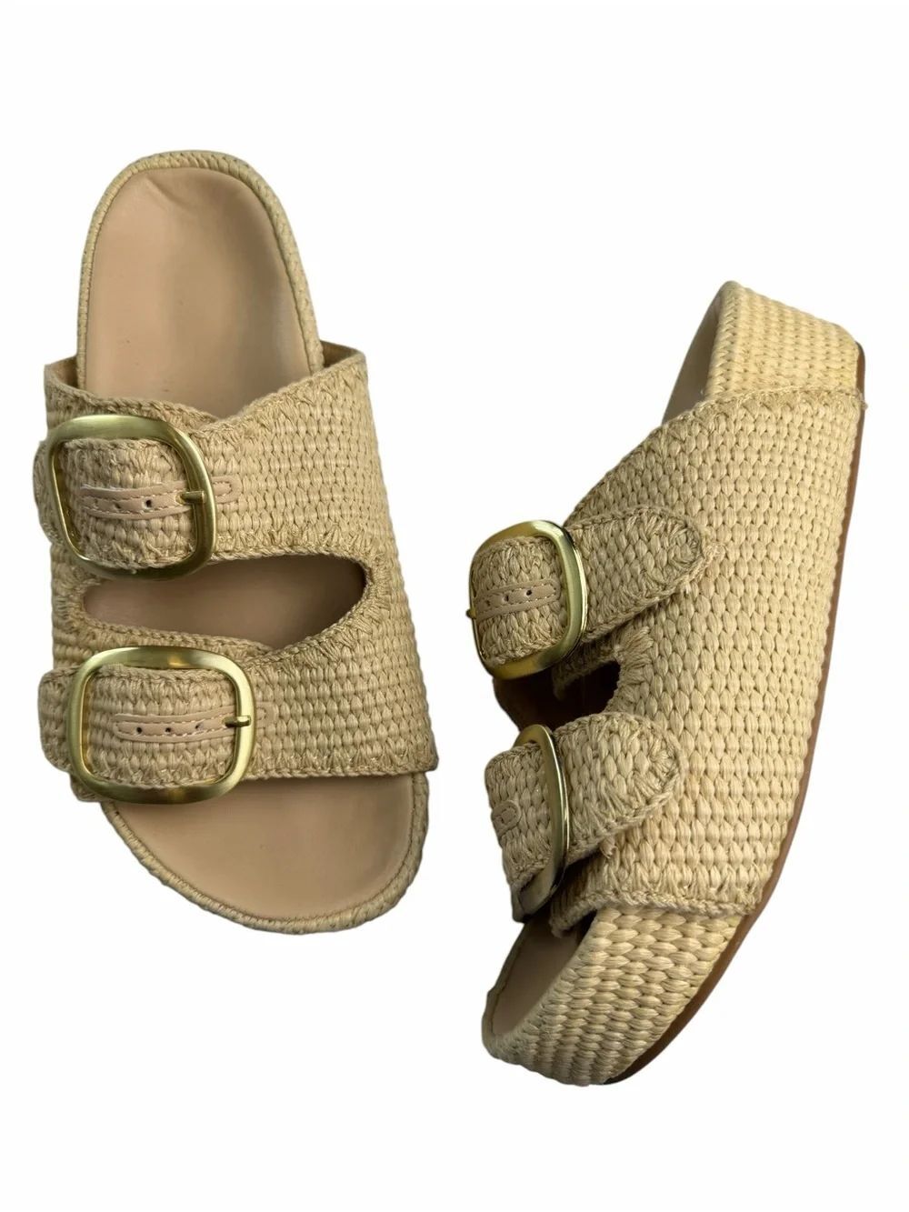 Platform double strap natural two band raffia slide sandals 7.5